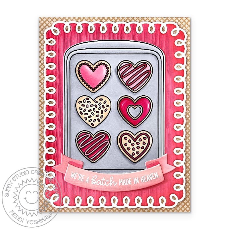 Sunny Studio We're a Batch Made In Heaven Heart Cookies Valentine's Day Card using Baked With Love 4x6 Clear Craft Stamps