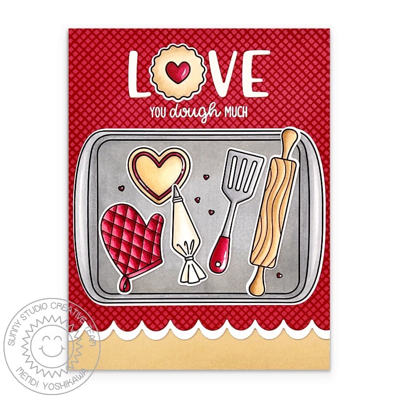 Sunny Studio Baking Cookie Tray with Icing, Oven Mitt & Spatula Valentine's Day Card using Baked With Love Clear Craft Stamps