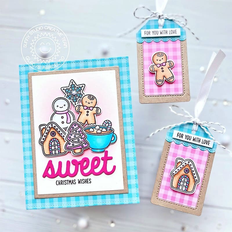 Sunny Studio Sweet Christmas Holiday Cookies, Gingerbread, Hot Cocoa Card Gift Tags using Baking Spirits Bright Clear Stamps