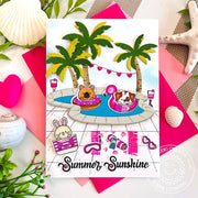 Sunny Studio Critters Enjoying Barbie Inspired Pool Party with Palm Trees Summer Card (using Beach Buddies 4x6 Clear Stamps)