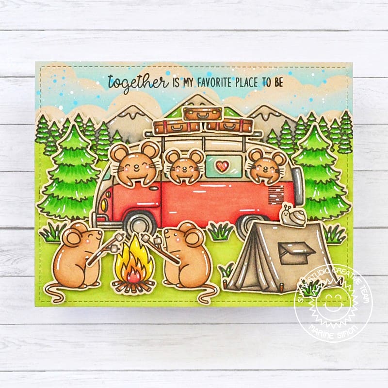 Sunny Studio "Together is My Favorite Place to Be" Mice Camping in VW Bug Summer Card using Beach Bus 4x6 Clear Stamps