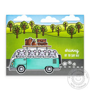 Sunny Studio Mice in Aqua VW Bus with Luggage Suitcases Driving By To Say Hi Summer Card using Beach Bus Clear Craft Stamps