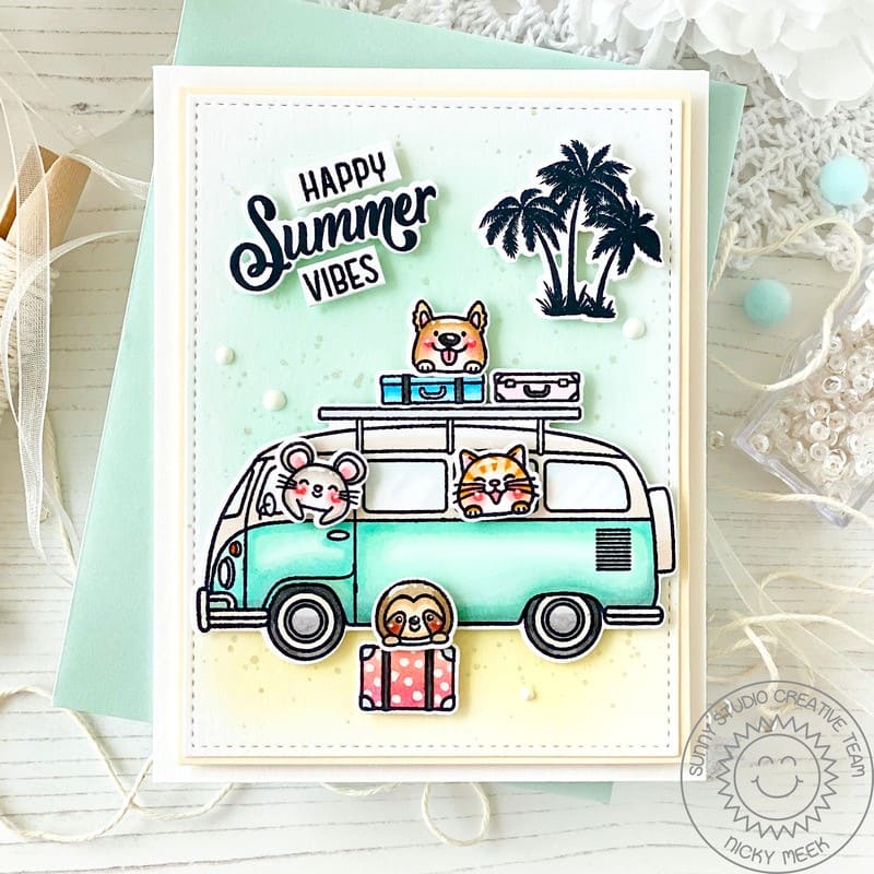 Sunny Studio Happy Summer Vibes Aqua Vintage VW Bug-Inspired Travel Card using Beach Bus 4x6 Clear Craft Stamps