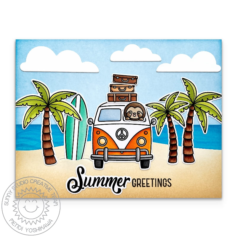 Sunny Studio Summer Greetings Sloth in VW Bus with Palm Trees, Surfboard & Luggage Card using Beach Bus Clear Craft Stamps