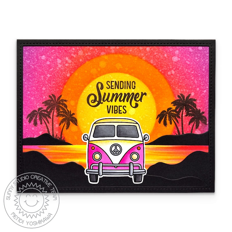 Sunny Studio Sending Summer Vibes Hot Pink, Orange & Yellow Sunset with Palm Trees Card using Beach Bus Clear Craft Stamps