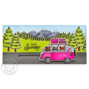 Sunny Studio Hot Pink VW Bus & Luggage Driving in Mountains Summer Slimline Slider Card using Beach Bus Clear Craft Stamps