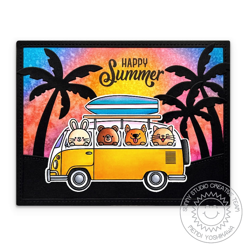 Sunny Studio Happy Summer Critters in VW Bus with Palm Trees & Surfboard at Sunset Card using Beach Bus Clear Craft Stamps