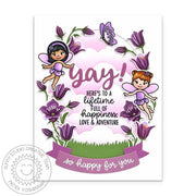 Sunny Studio Stamps So Happy For You Garden Fairies with Bluebells Flowers Card using Brilliant Banner 2 Metal Cutting Dies