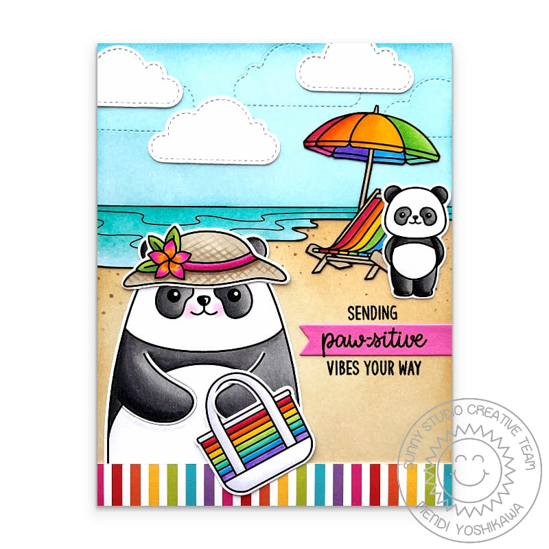 Sunny Studio Panda Bear Wearing Sunhat with Rainbow Striped Beach Bag Punny Summer Card using Big Panda Clear Craft Stamps