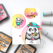Sunny Studio Hello Friend Panda Bears Drinking Lemonade Cocktails Pastel Dot Summer Card using Big Panda Clear Craft Stamps