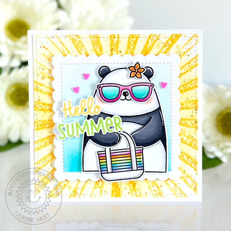 Sunny Studio Bear with Beach Bag & Sunglasses Hello Summer Yellow Scalloped Square Card using Big Panda Clear Craft Stamps