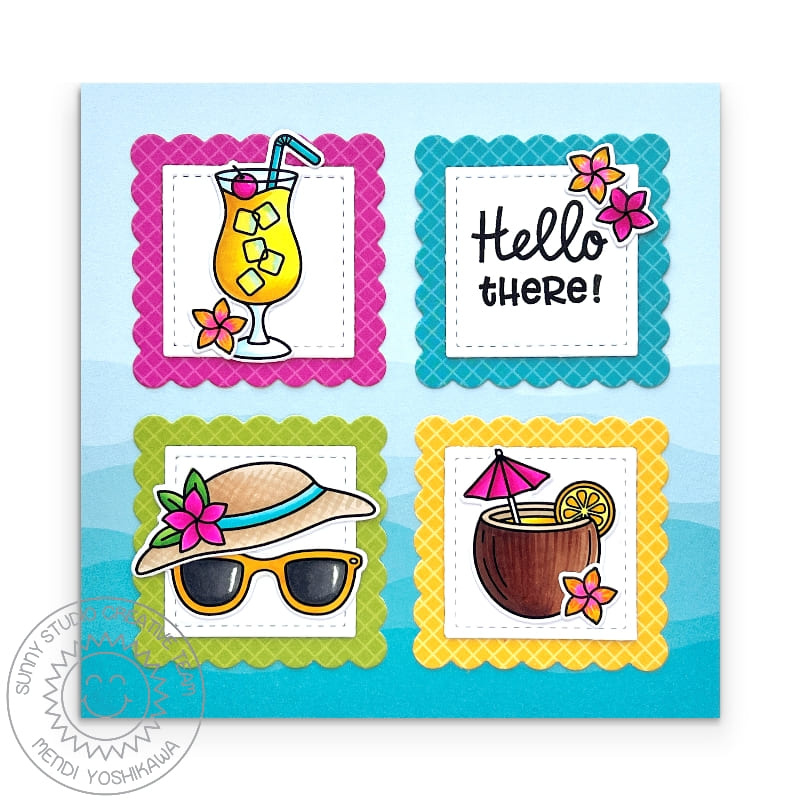 Sunny Studio Cocktail Drinks, Lemonade, Hat & Sunglasses Scalloped Square Summer Hello Card using Big Panda 4x6 Clear Stamps