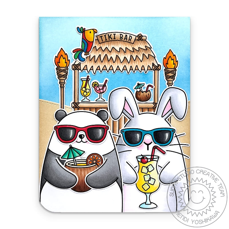 Sunny Studio Bunny & Bear Wearing Sunglasses & Drinking Cocktails Tiki Bar Summer Card using Big Panda Clear Craft Stamps
