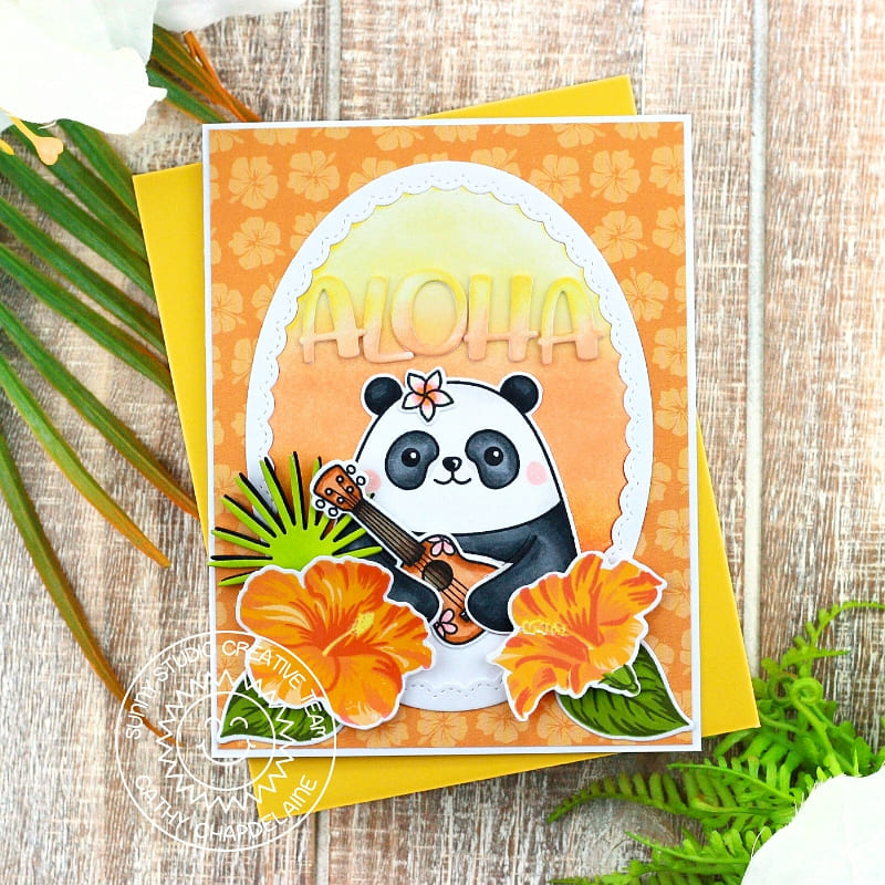 Sunny Studio Panda Bear Playing Ukulele with Tropical Flowers Aloha Summer Card using Hawaiian Hibiscus Clear Craft Stamps