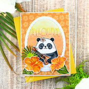 Sunny Studio Panda Bear Playing Ukulele with Hibiscus Flowers Aloha Summer Card using Big Panda 4x6 Clear Craft Stamps