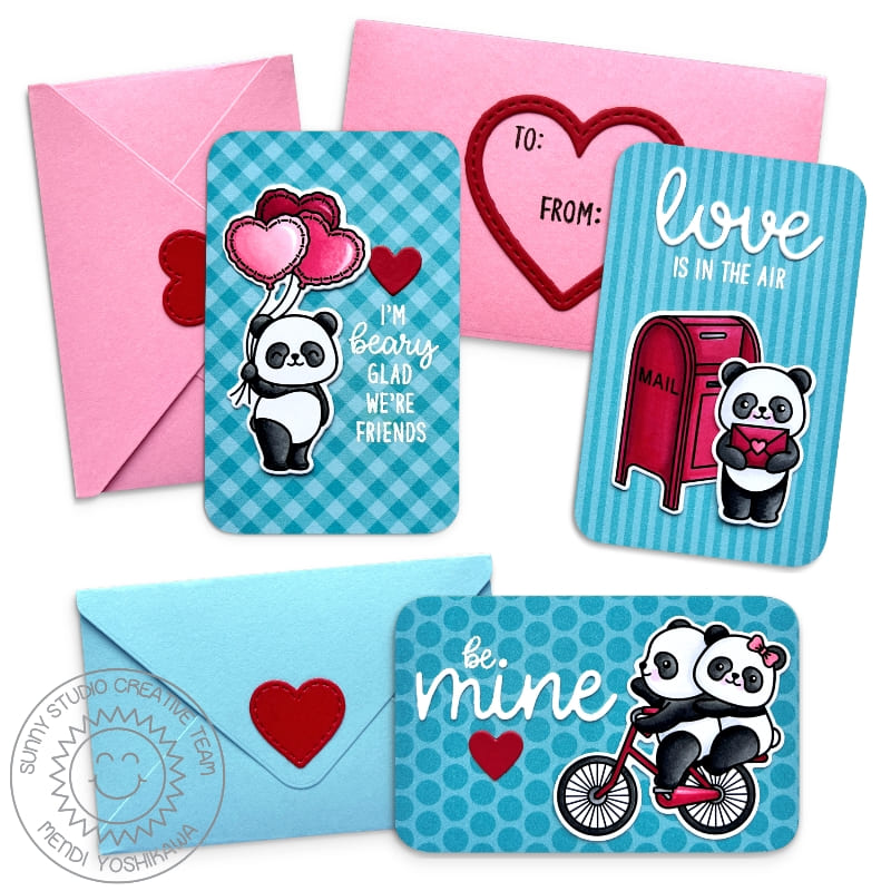Sunny Studio Stamps Bighearted Bears Panda Kids Classroom Valentine's Day Cards using Gift Card Envelope Metal Cutting Dies