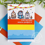 Sunny Studio The Party Starts Meow Punny Cat Themed Red, Yellow & Blue Birthday Card (using Birthday Cat 4x6 Clear Stamps)