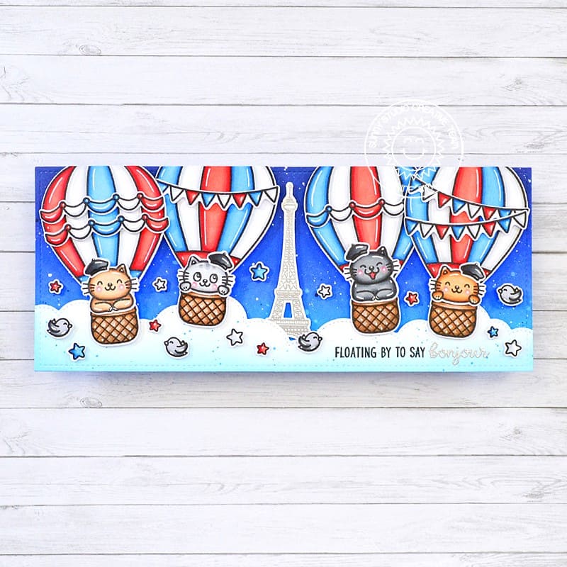 Sunny Studio Floating By to Say Bonjour Red, White & Blue Hot Air Balloons with Eiffel Tower French Bastille Day Slimline Card (using Birthday Cat Stamps)
