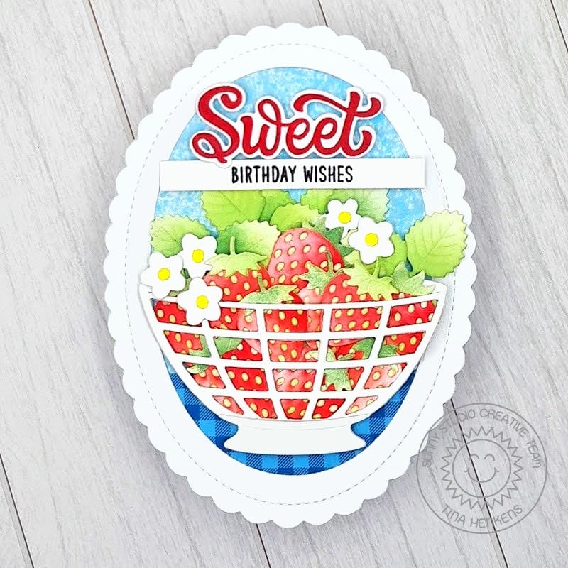 Sunny Studio Stamps Sweet Birthday Wishes Strawberry Scalloped Summer Card using Fancy Frames Oval Metal Cutting Craft Dies