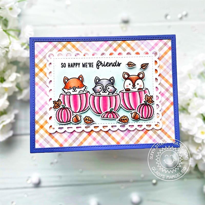 Sunny Studio Fox, Deer & Raccoon in Pink Pumpkins Plaid Autumn Card (using Fall Friends Clear Stamps)