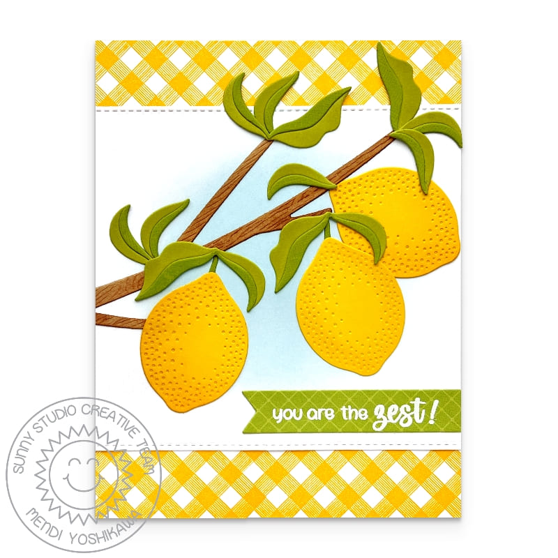 Sunny Studio Stamps You're the Zest Punny Lemon Tree Branch Yellow Gingham Summer Card using Fresh Lemon Metal Craft Dies