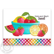 Sunny Studio Sweet Day Fruit in Bowl Rainbow Gingham Summer Card using Punny Fruit Greetings Clear Sentiment Craft Stamps