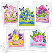 Sunny Studio Floral Flower Bouquet in Envelope Spring Birthday, Congrats & Thank You Cards using Brilliant Banner 2 Craft Die