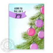 Sunny Studio Stamps Holiday Style Wishing You Peace, Love & Joy Pink & Lavendar Ornament Christmas Tree Card