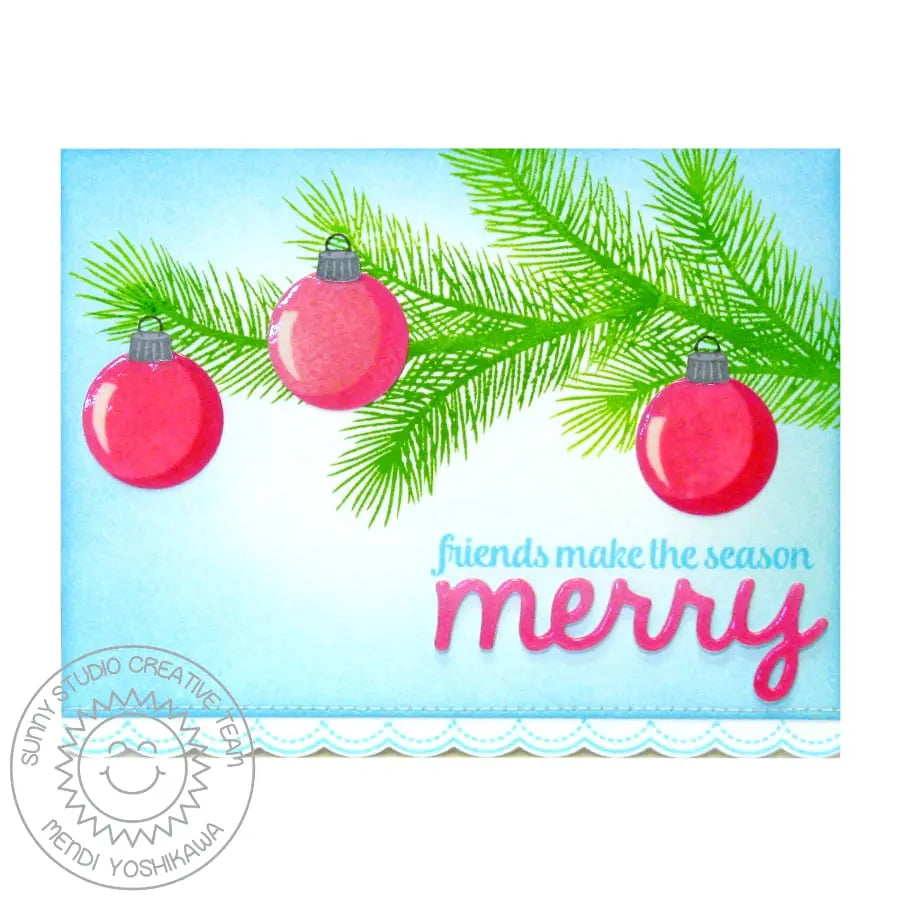 Sunny Studio Stamps Merry Sentiments Friends Make the Season Merry Christmas Ornament Pink Holiday Card