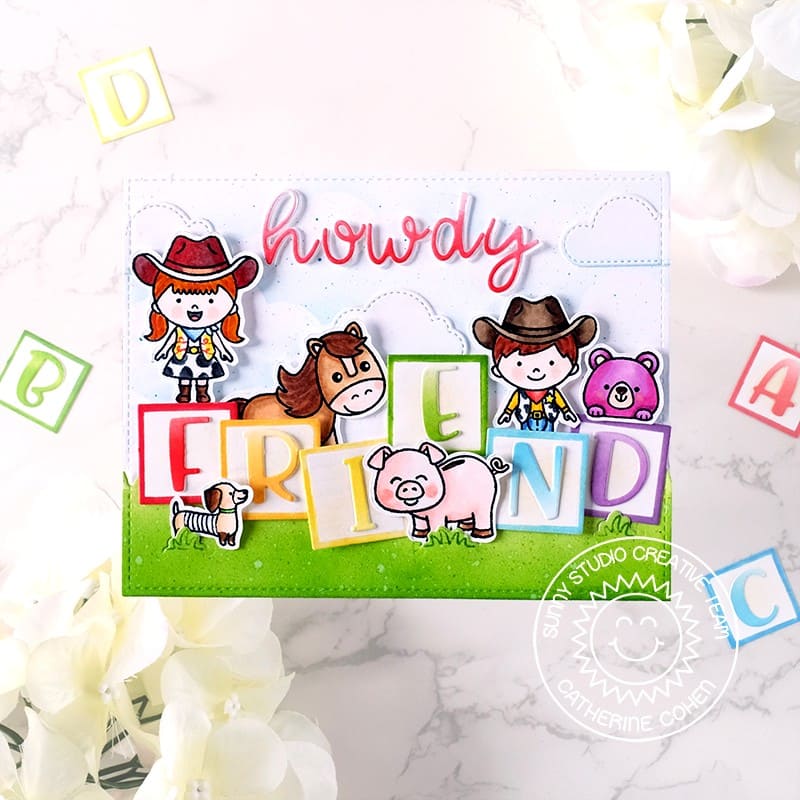 Sunny Studio "Howdy Friend" Cowboy & Cowgirl with Clouds & Blocks Toy Story Inspired Card using Little Buckaroo Clear Stamps