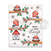 Sunny Studio Sending Winter Hugs Red Cardinals with Tree Branches, Birdhouse & Nest Card using Little Birdie Clear Stamps