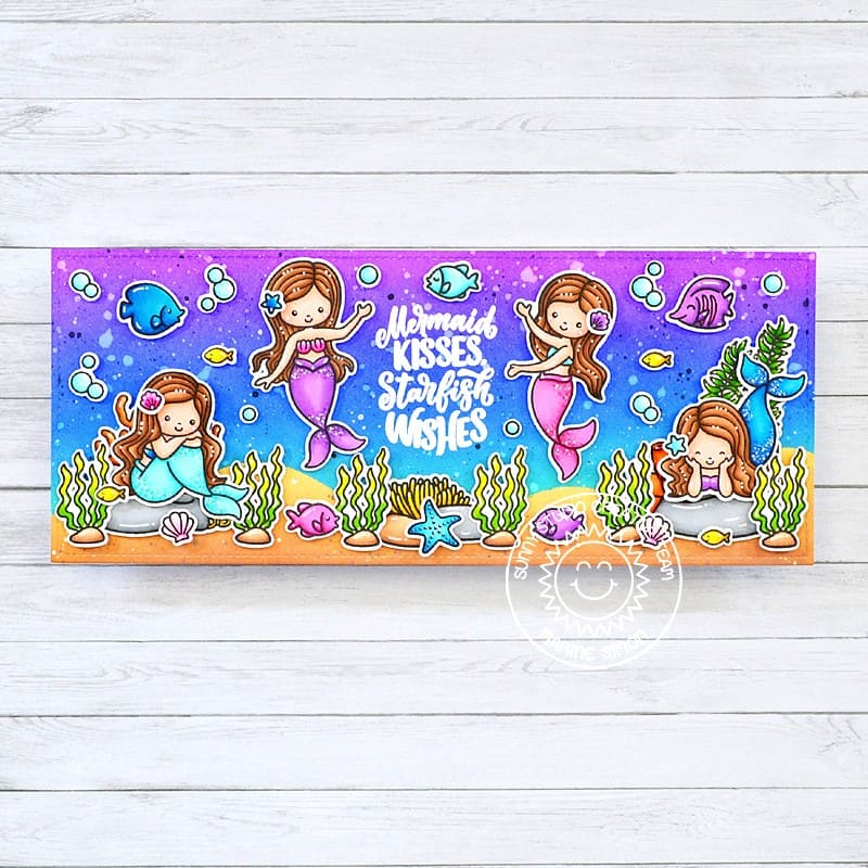 Sunny Studio Mermaids, Fish & Coral in Ocean Starfish Wishes Slimline Summer Card using Mermaid Kisses Clear Craft Stamps