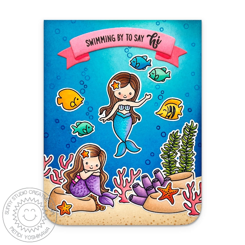 Sunny Studio Stamps Mermaids, Fish & Coral in Ocean Swimming By To Say Hi Summer Card using Brilliant Banner 2 Craft Dies