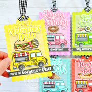 Sunny Studio Colorful Cruisin' Cuisine Punny Food Truck Scalloped Gift Tags Set using My Heart 3x4 Clear Sentiment Stamps