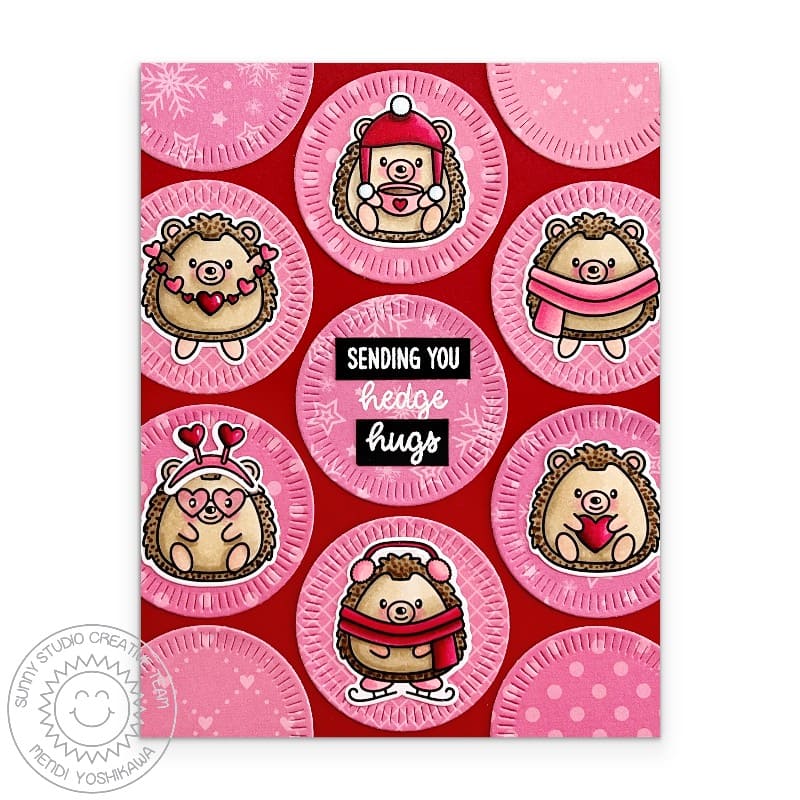 Sunny Studio Stamps Hedgehog Red & Pink "Sending You Hedge Hugs" Punny Card using Radiating Circles Metal Cutting Craft Dies
