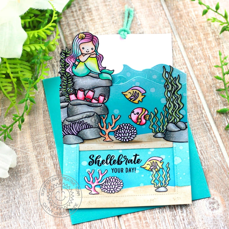 Sunny Studio Mermaids, Fish & Coral Ocean Shellebrate Your Day Pop-up Birthday Card using Mermaid Kisses Clear Craft Stamps
