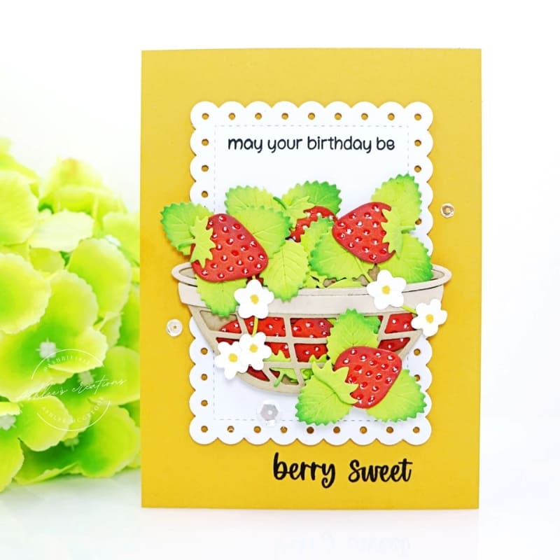 Sunny Studio Stamps Berry Sweet Birthday Strawberries in Strainer Summer Card using Strawberry Patch Metal Cutting Craft Dies