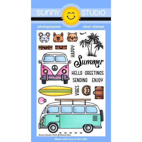 Sunny Studio Beach Bus Stamps 4x6 Clear Photopolymer Vintage VW Bus Inspired Craft Stamp Set