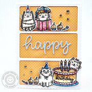 Sunny Studio Happy Cats with Cake 3-Window Handmade Greeting Card using Birthday Cats 4x6 Clear Craft Stamps