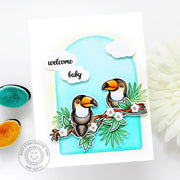 Sunny Studio Toucans on a Tree Branch with Clouds Welcome Baby Summer Card using Tropical Birds 4x6 Clear Craft Stamps