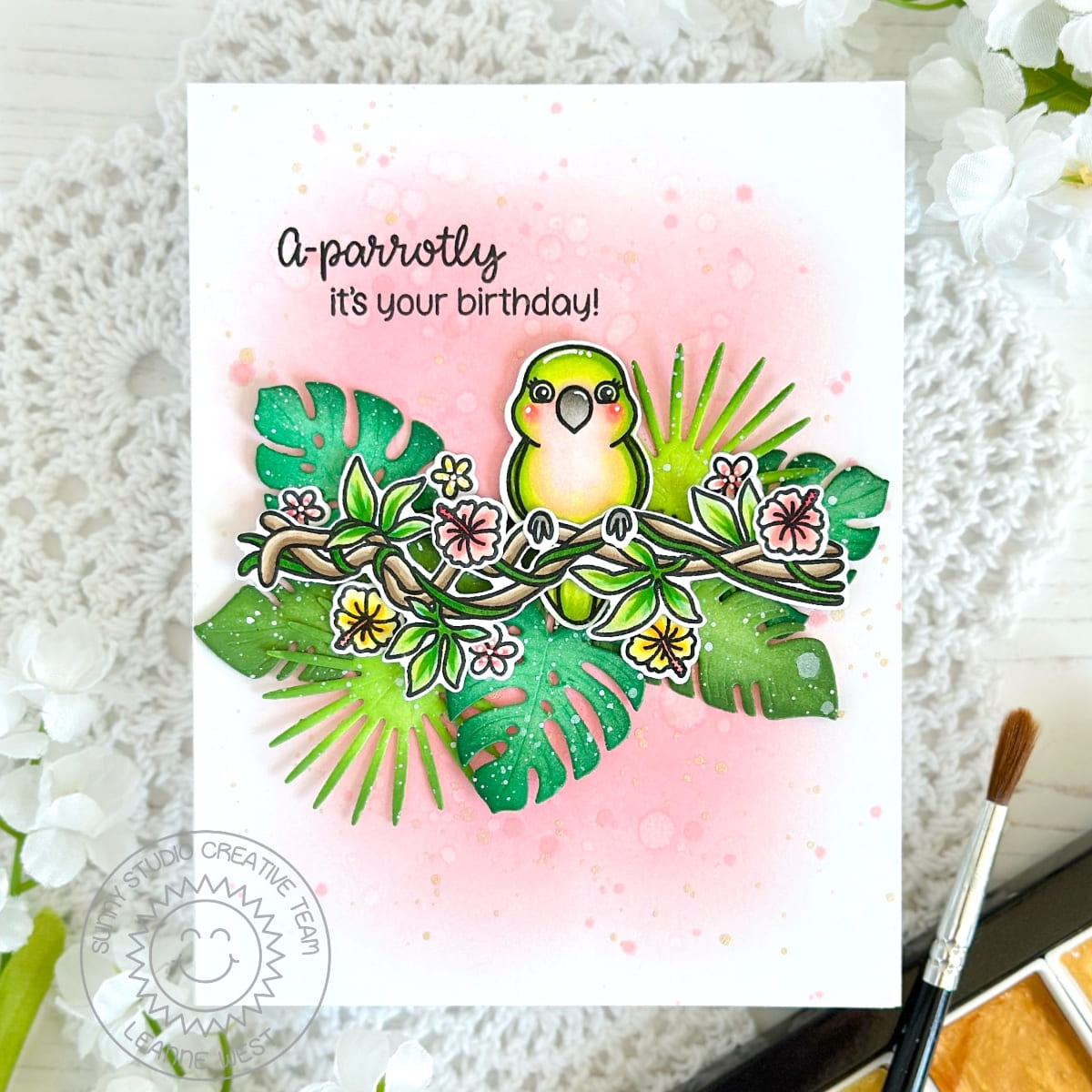 Sunny Studio Parrot on Tree Branch Vine with Tropical Leaves Punny Birthday Card using Tropical Birds 4x6 Clear Craft Stamps