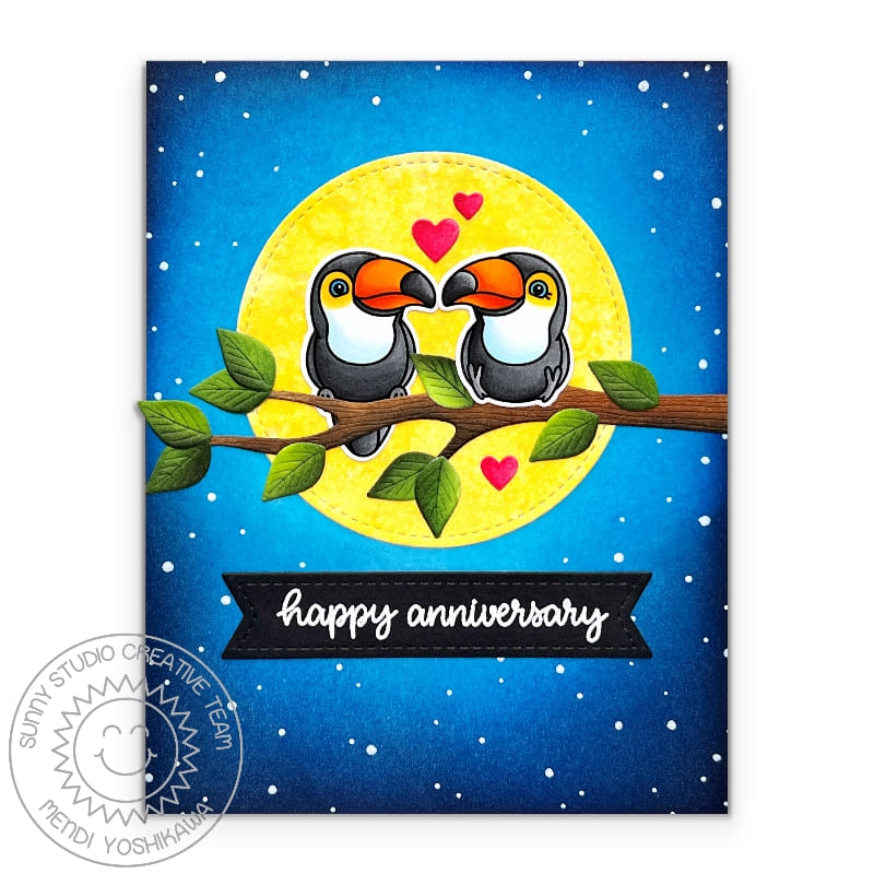 Sunny Studio Stamps Kissing Toucans Sitting in Moonlight Wedding Anniversary Card using Tree Branch Metal Cutting Craft Die