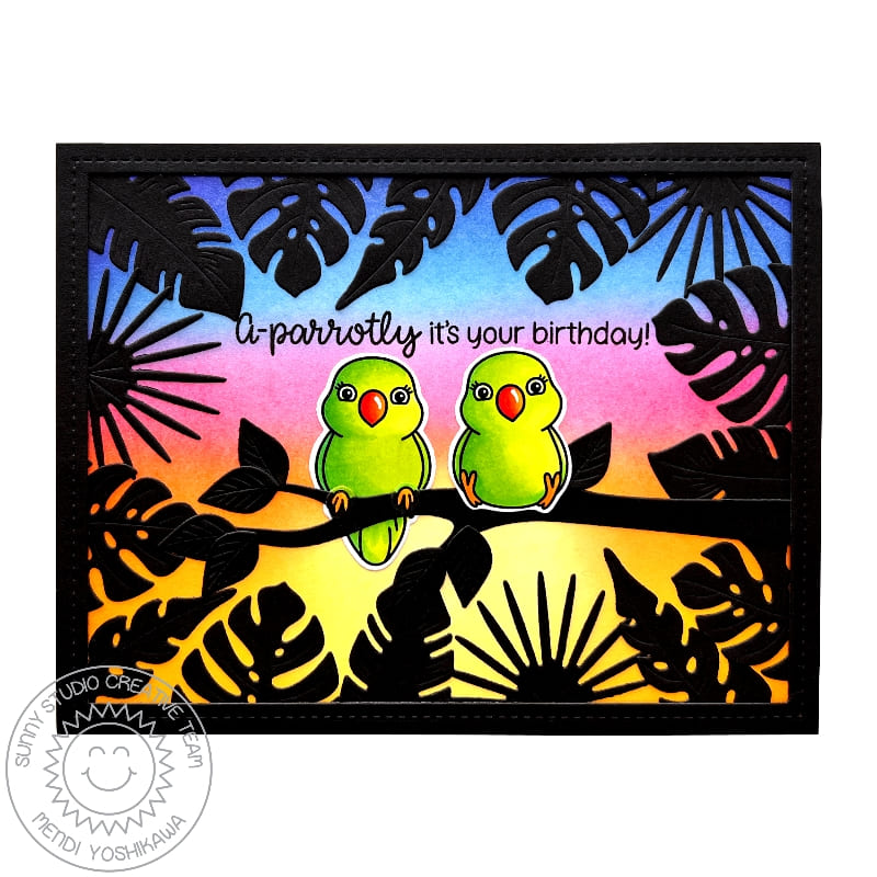 Sunny Studio Green Parrots at Sunset with Black Leaf Frame Punny Summer Birthday Card using Tropical Birds Clear Craft Stamps