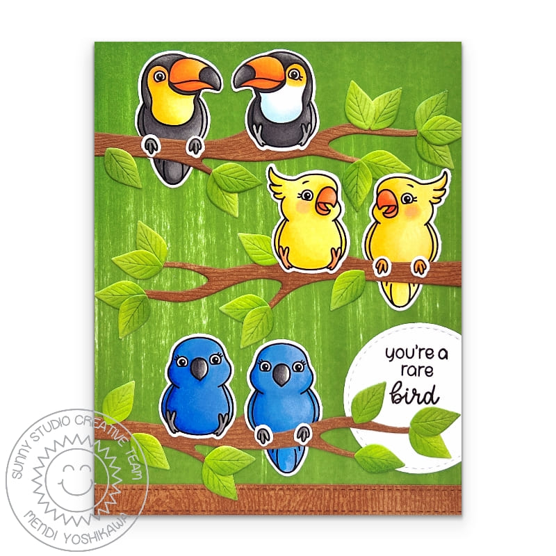 Sunny Studio Stamps Toucan, Cockatiel, Parrot Sitting in Tree You're A Rare Bird Summer Card using Tree Branch Craft Die