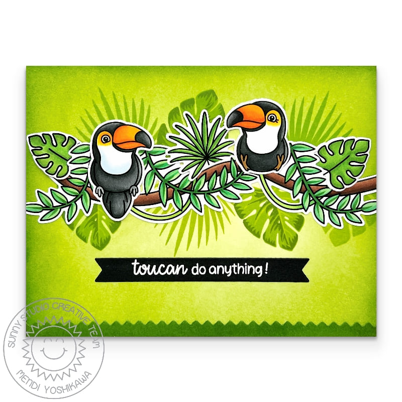 Sunny Studio Toucan Do Anything Birds on Tree Branch & Jungle Vine Punny Summer Card using Tropical Birds Clear Craft Stamps