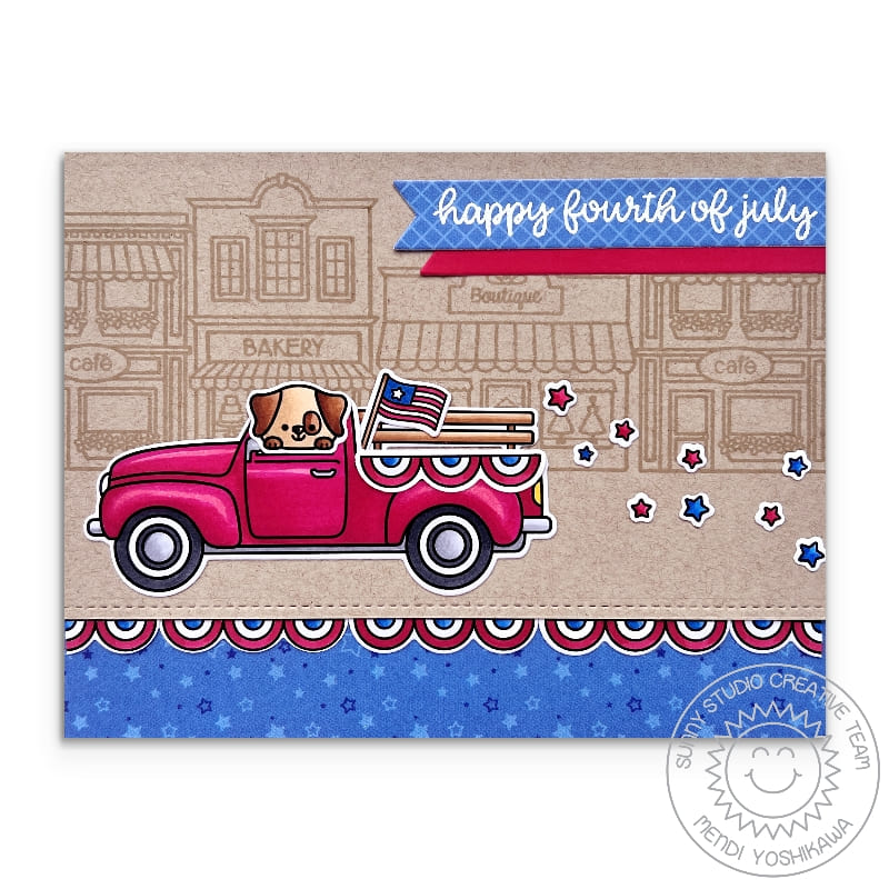 Sunny Studio Pick-up Truck with Bunting, Flag & Stars Fourth of July Parade Card (using Truckloads of Love Clear Stamps)