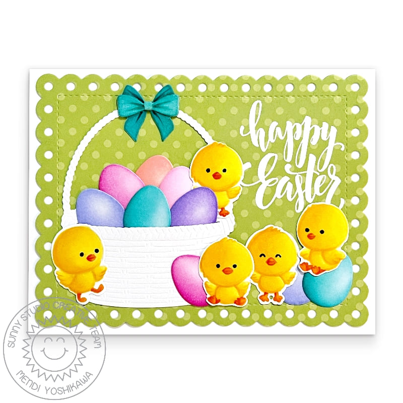 Sunny Studio Stamps Chicks with Easter Eggs Green Polka-dot Scalloped Spring Card using Wicker Basket Metal Cutting Dies