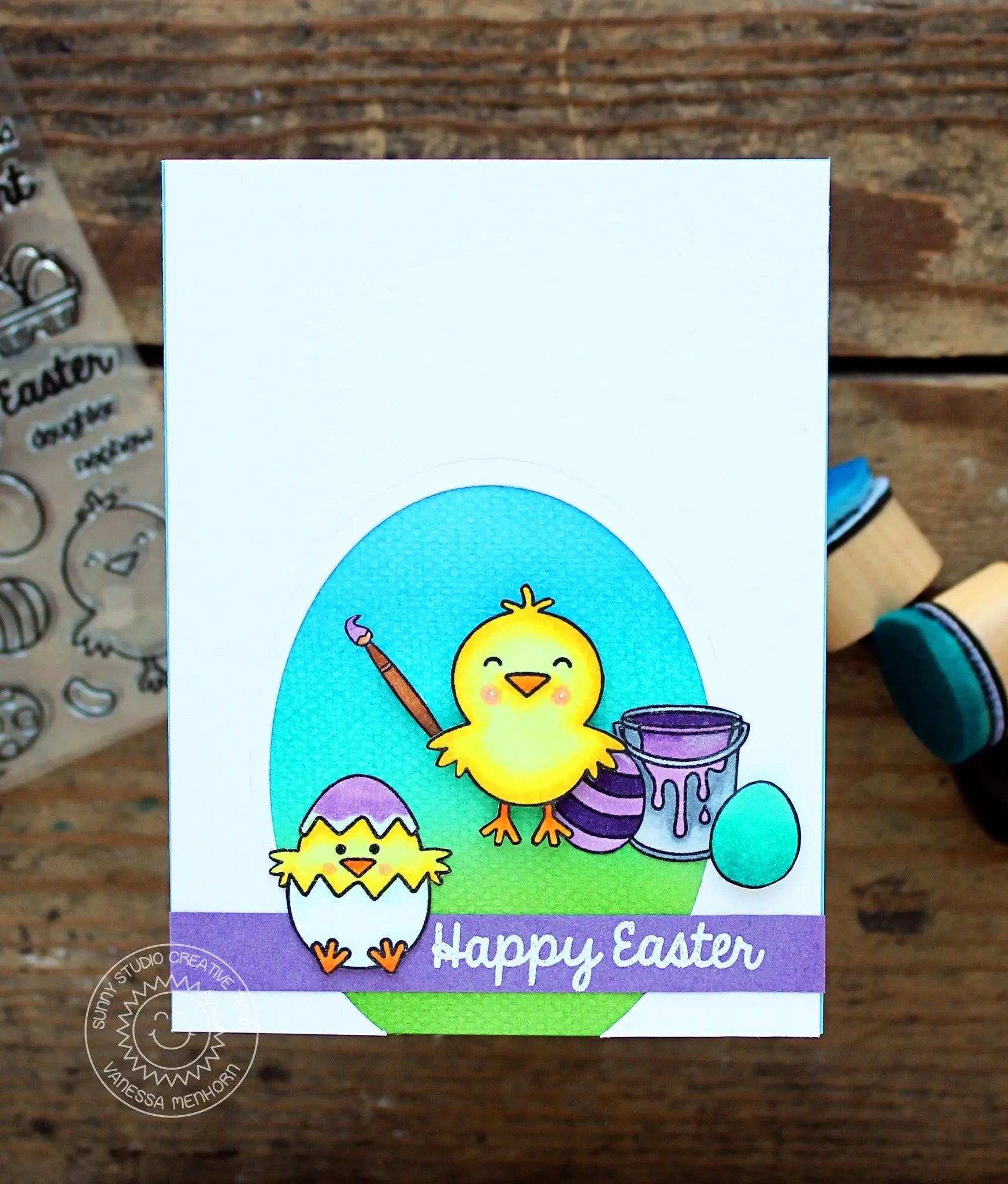 Sunny Studio Stamps Chick Painting Easter Eggs Card by Vanessa Menhorn.