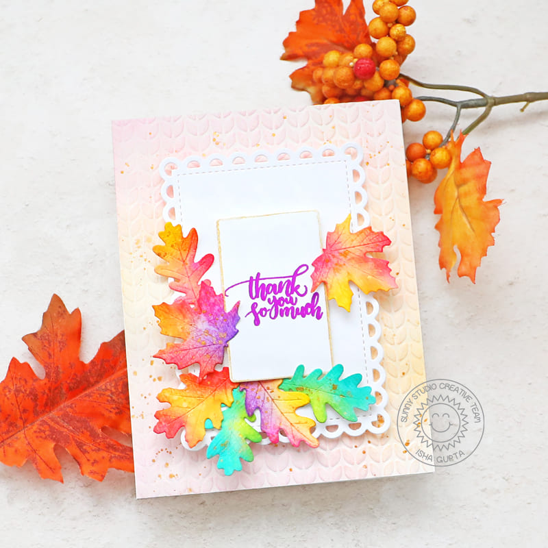 Sunny Studio Stamps Colorful Fall Leaves Handmade Scalloped Thank You Card (using Mini Mat & Tag 3 Metal Cutting Dies)