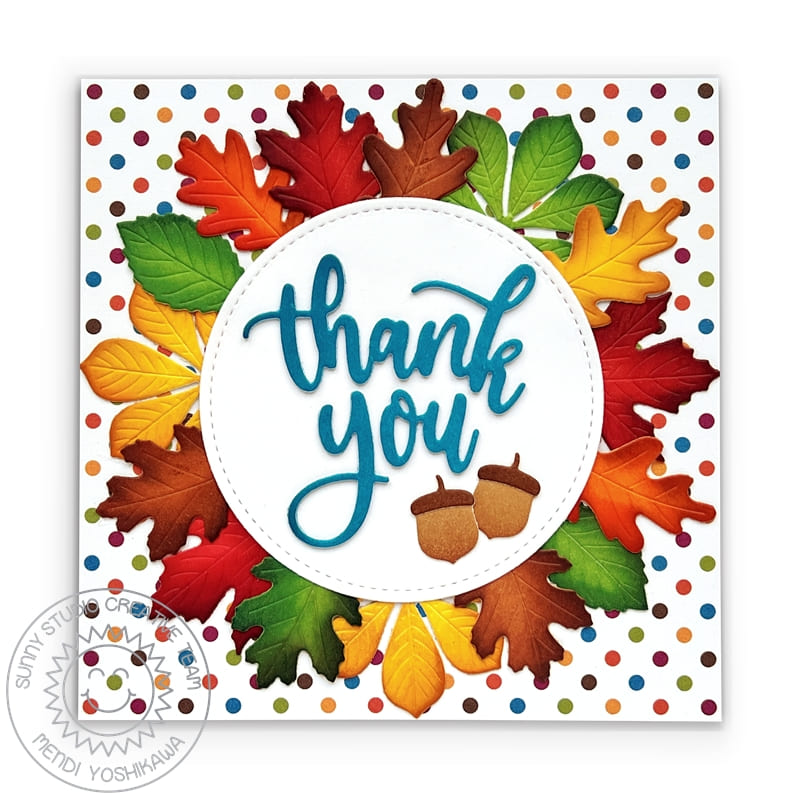 Sunny Studio Stamps Fall Leaves & Acorn Colorful Polka-dot Square Thank You Card (using Autumn Greenery Metal Cutting Dies)